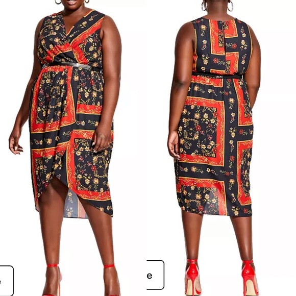 City Chic Printed Scarf Faux Wrap Midi Dress: Floral Patchwork Red Black - Picture 1 of 11